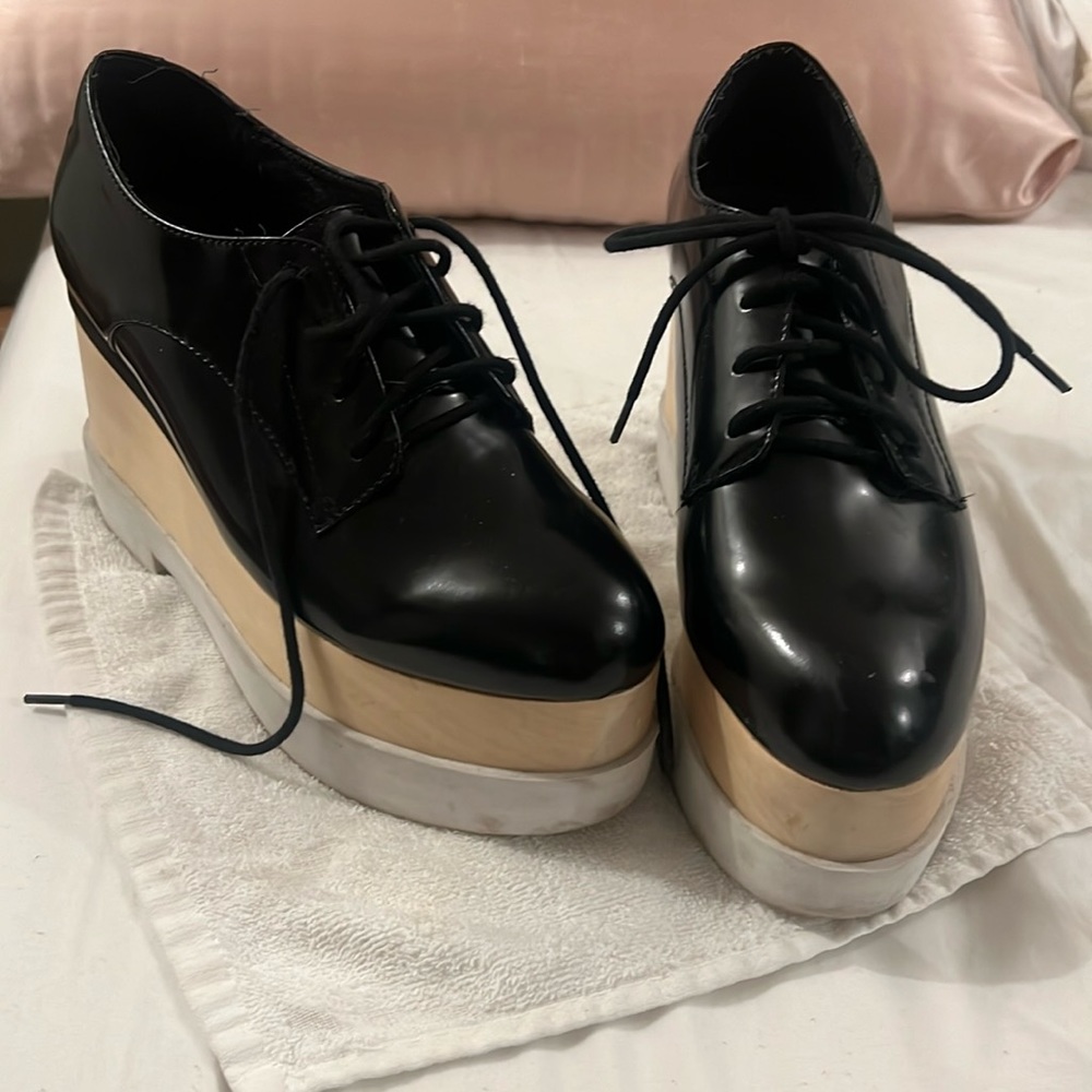 Black leather Jeffrey Campbell platform wood Oxford shoes size 10